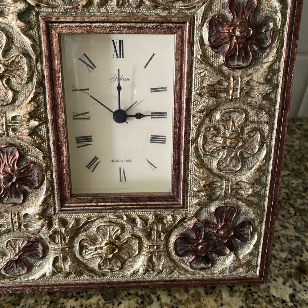 Vintage Galassi Italian Ornate MCM Gold Leaf Distressed Easel Back Clock